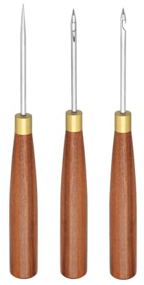 Jiuvaso 3 Pezzi Punteruolo Da Cucito Lesina Da Artigiano Strumento per Riparare Ago per Tessuti con Manico Sagomato in Legno Adatto per Creazione di Borse E, 3.0