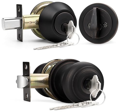 Probrico Keyed Alike Round Ball Entry Door Knob and Single Cylinder Deadbolt Set, Oil-Rubbed Bronze, 1Pack