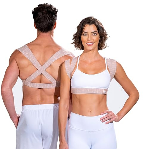 BackEmbrace Posture Corrector for Women and Men - Made in USA - Slim and Adjustable Shoulder Brace - Back Brace for Back Pain Relief - Sand Drizzle M/L
