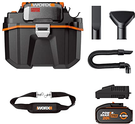 WORX 18 V (20 V Max) Aspirapolvere acqua e polvere con sacchetto 8 L WX031, PowerShare, Vac, aspirapolvere e soffiatore industriale per auto/officina/cantiere, 16 Kpa Brushless