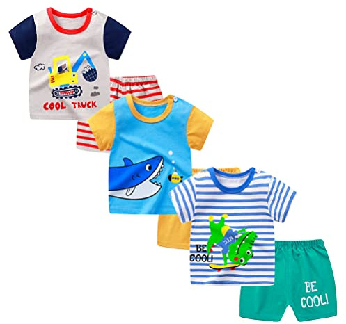 XM-Amigo Conjunto de Ropa para Niño, Pack 6 Piezas / 3 Juegos, Camiseta de Manga Corta y Pantalones Cortos de Algodón Puro, con Broche de Hombro, Tallas 65/100, Edad 2-3 Años