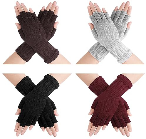 4 Paires Gants sans Doigts pour Femmes Gants d'hiver Longs Gants Tricotés Chauds Hommes Femmes Gants Elastiques Universels (Noir, Bordeaux, Gris Clair, Marron)