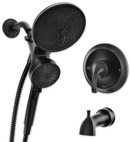 Moen Engage Magnetix Matte Black Multi-Function Handshower and Rainfall Shower Head Trim Combo with Shower Handle, Tub Spout, Metal Hose, and Valve, 82304BL