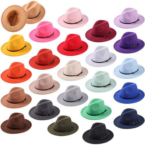 Sureio 24 Pcs Felt Hats for Women Wide Brim Panama Hats Bulk with Belt Buckle for Men Ladies Cowboy Vintage Vacation