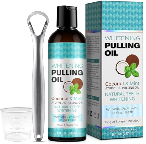 Coconut Pulling Oil (8 Fl.Oz), Mint Oil Pulling for Mouthwash, Coconut Oil Pulling with Tongue Scraper, Natural Coconut Oil Pulling for Teeth & Healthier Gum, Alcohol Free