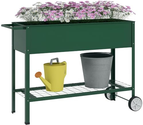 Outsunny Upphöjd växtlåda på hjul, kryddlåda i metall med hylla, trädgårdsplanterare för trädgård och balkong, grå, 109 x 44 x 80 cm