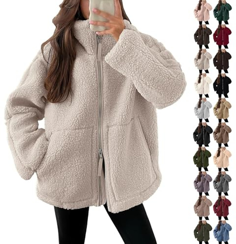 Générique Polaire Femme Veste Polaire Femme Manteau Molleton Teddy à Double Zip Chic Veste Sherpa D'Hiver SurdimensionnéE DéContractéE Veste De Motard Thermique Oversize Beige S