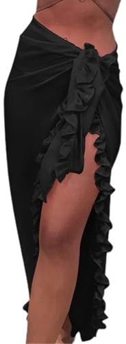 Traje de baño para mujer, falda envolvente de gasa con volantes, para playa, pareo largo, para cubrir bikini, falda larga para verano, ropa de playa, A-negro, talla única