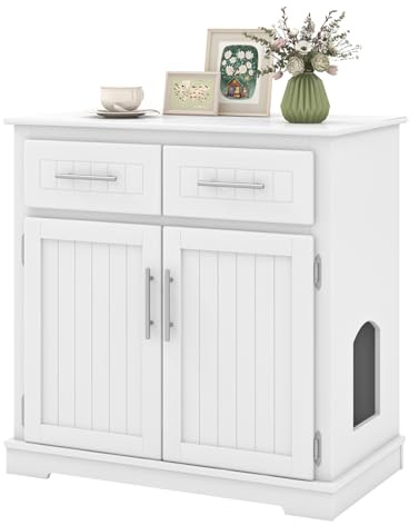 GOPLUS Mueble para Arena de Gatos 3 en 1, Casa Oculta de Madera para Mascotas con 2 Cajones, Puertas Dobles y Entrada Lateral, Armario Moderno para Gatitos de Interior para Sala de Estar, Blanco