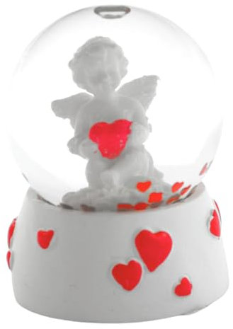 Boule à Neige Décorative avec Ange et Cœurs Rouges, 4,5 x 4,5 x 6 cm, Blanc
