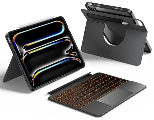 HOU Étui Clavier Détachable Uniquement pour iPad Pro 11 (M5/M4 2025), Étui Magnétique Rotatif avec Clavier pour iPad Pro 11 6/5e Gén avec Trackpad Multi-Touch, Rétroéclairage à 7 Couleurs - Noir