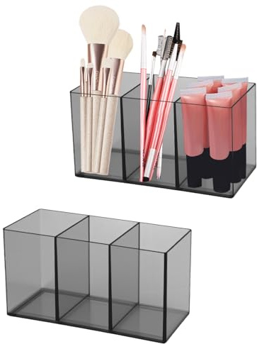 FAOKZE 2 Piezas Maquillaje Brochas Organizador,Organizador de Maquillaje Acrílico,con 3 Compartimentos,para Baño Dormitorio Escritorio de Oficina,Gris translúcida