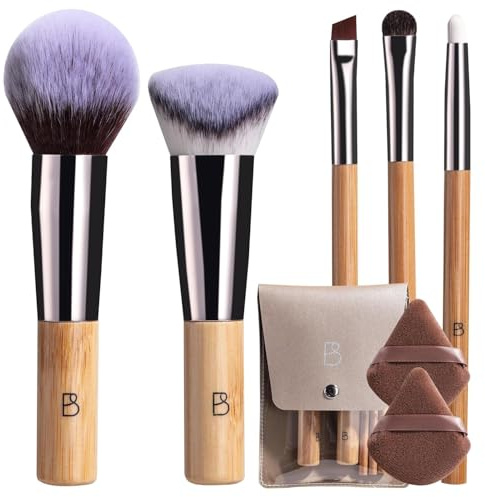 BS-MALL Travel Makeup Brushes Premium Synthetic Foundation Powder Concealers Eye Shadows 7 PCS with Triangle Puff & Storage Bag (Bamboo)