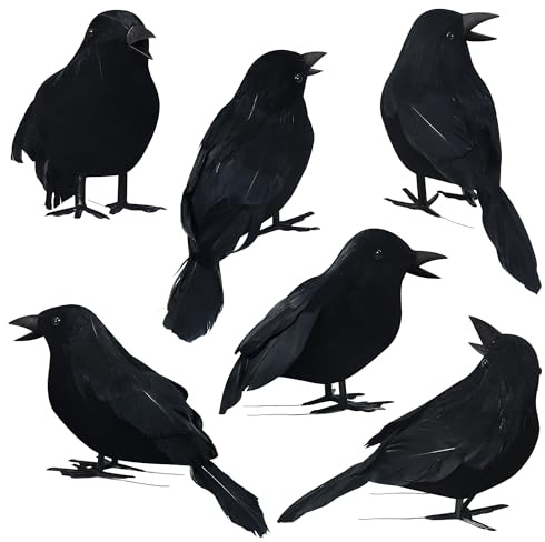 Baanfly 6 PCS Artificial Crows, Spooky Black Feathered Crow Decorations, Realistic Looking Raven Birds Decoration for Indoor Outdoor Home Garden Decoration Model