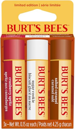 Burt's Bees Lippenbalsam Geschenkset, Cranberry Spritz, Salted Caramel, Sugar Cookie, Lippenpflege-Multipack, 100 prozent natürlichen Ursprungs, 3 x 4.25 g