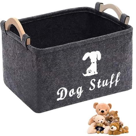 Dog Toy Box, Large Dog Toy Basket with Wooden Handle, 38x25x 18cm Grey