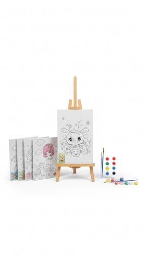 Set de Pintura para Niños con 4 Lienzos Dibujados, Caballete de Madera, 4 Juegos de Pinturas y Pinceles - Kit Completo de Manualidades Infantiles y Actividades Creativas - Regalo Ideal