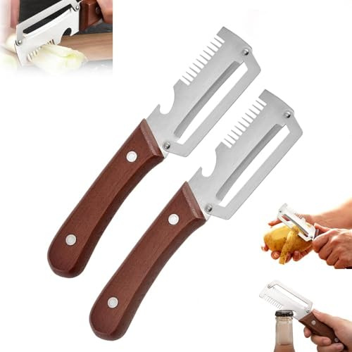 Premium-Gemüseschäler mit Holzgriff und Flaschenöffner, multifunktionaler Gemüseschäler für die Küche, Küchenhelfer-Werkzeug zum Schälen von Obst, Kürbis, Kartoffeln, Karotten (2PCS)