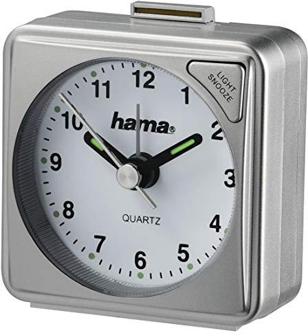 Hama analoger Wecker inkl. Batterie (batteriebetriebener Reisewecker mit schneller werdendem Alarm und Schlummerfunktion, Wecker mit Licht, fluoreszierender Stunden- und Minutenzeiger) Silber
