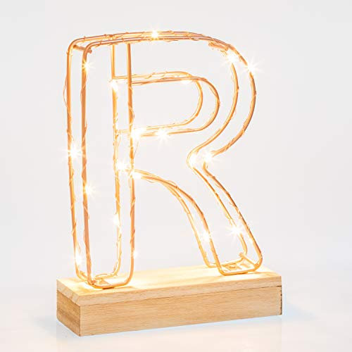 Light Up Letter R | LED Alphabet Wire Frame Letter Lights | Rose Gold Copper Initials | Personalised Lighting | Battery Powered | Office Living Room Bedroom