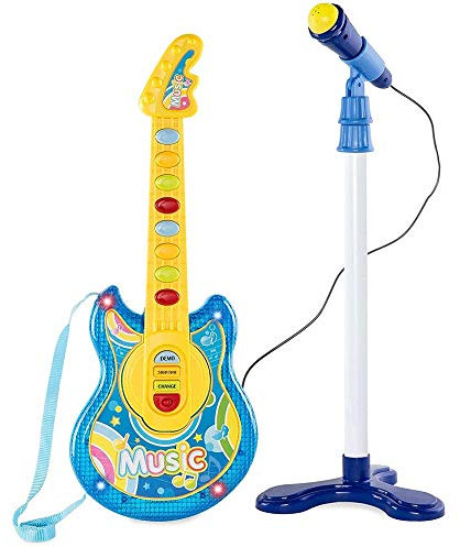 Bakaji Chitarra Elettrica + Microfono Karaoke Giocattolo Bambini con 8 Pulsanti Note 12 Canzoni Demo Effeti Luce Altezza Microfono Regolabile con Attacco Aux Mp3 Smartphone Tablet (Blu)