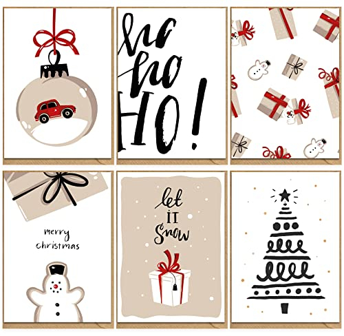 KOKO&LORA® Weihnachtskarten mit Kraftpapier-Umschlägen (6er Set) - Premium Grußkartenset mit Natur-Kuvert - 6 moderne, weihnachtliche Karten (Beige-Rot)