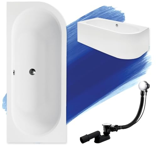 Bad Land Original Baignoire 160x75 cm Gauche Acryl ENSEMBLE COMPLET SET Tablier Siphon Baignoire Baignoire d'angle Blanc Design Moderne Garniture de vidange en chrome pour 2 personnes Fabriqué dans