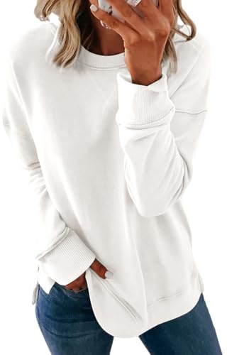 Dokotoo Womens Casual Oversized Long Sleeve Round Neck Sweatshirt Side Split Loose Fit Solid Basic Pullover Tunic Shirts Tops Sweatshirts for Women 2026 Fashion Fall White XLarge