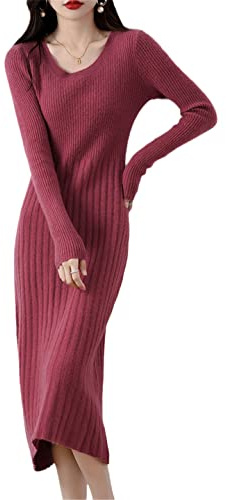 Disimlarl Robe décontractée pour femme 100 % laine mérinos, rose rouge, S