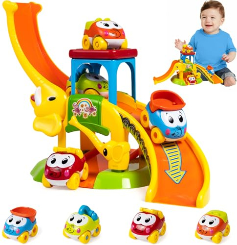 Marstone Toddler Toys for 1 2 Year Old Boys and Girls Gifts: Educational Elephant Slide with 4 Animal Car Toys for Baby 12-18 Months, First Birthday Gifts for Kids, Learning Push Truck Tracks Age 1-2