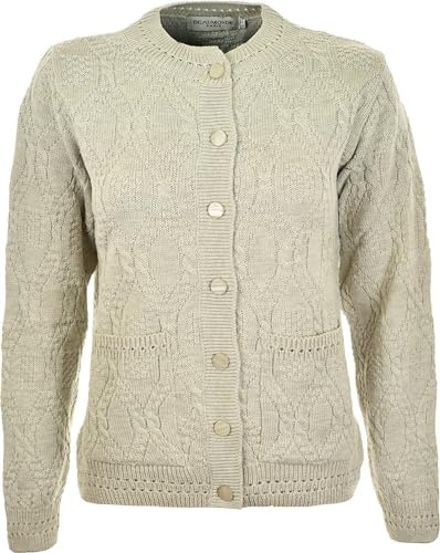 WearAll Women's Ladies Long Sleeve Button Top Aran Knitted Cardigan Button Clouse Crew Neck UK (10/12, Oatmeal) Stone