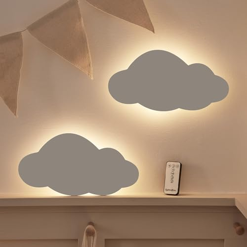 Lights4fun 2er Set LED Wolken Schlafzimmer Nachtlicht Mit Fernbedienung - Aufladbar Kinderzimmer Deko Wandlampe Nachtlampe
