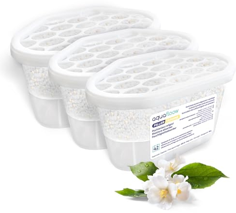 Aquafloow Déshumidificateur 400 ml, Réduit l'humidité de l'air, 3 Pièces JASMINE | Neutraliseur d'odeurs, Absorbeur d'humidité pour Cuisine, Placard, Salle de Bain et Bureau