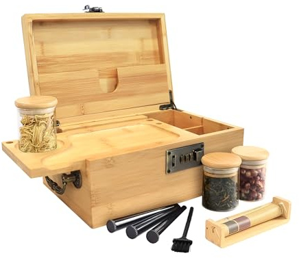 Bamboo Decorative Box with Handle, Large Storage Stash Box Set, Removable Dividers, 3 Glass Jars, Herb Roller, Tray Insert & Accessory Tools Kit