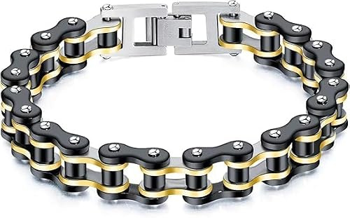 Ockyunoo Bracciale da Bici da Uomo, Bracciale a Catena da Motociclista in Acciaio Inossidabile, Bracciale a Maglie Punk Rock, Gioielli a Catena a Maglie Bangle (Oro)
