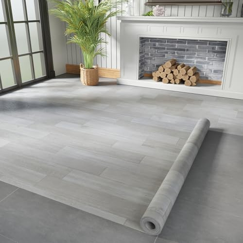 Oxdigi Vinyl Flooring Roll 32 sq.ft | 3'4W x 9'10L, PVC Leather-Like Linoleum Floor Covering, Waterproof Durable Heavy Vinyl, Easy to Install with Tape, Removable- No Adhesive Backing, Grey Oak