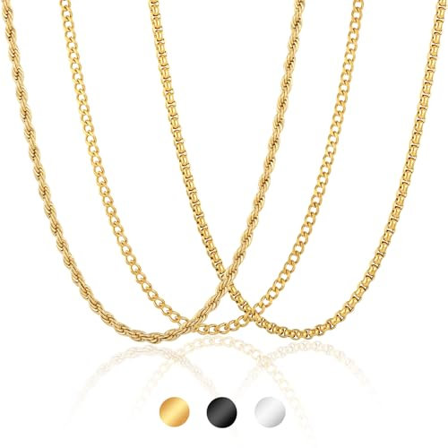 Esmoly 3 Halskette Herren Kette Herren Silber Gold Schwarz 316L Edelstahlkette 2/3/4/5/6mm Panzerkette Cuban Chain Kordelkette Weihnachten Geschenke für Männer Junge 45/50/55/60cm (Gold, 45cm/2mm)