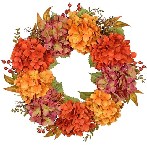 Oairse 61CM Autumn Wreath, Hydrangea Autumn Door Wreath for Front Door | Artificial Floral Wreaths with Orange Red Flowers, Maple Leaves, and Berries for Indoor Outdoor Thanksgiving Fall Decor