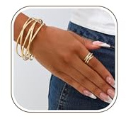 Uwiyo Gold Open Cuff Bangles Ring for Women, Golden Chunky Cuff Bangle Bracelet Boho Cuff Bangles Bracelet Rings Jewellry Set for Women Teen Girls (Gold Set 3)