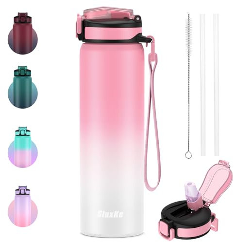 SLUXKE Gourde isotherme en acier inoxydable avec couvercle à paille, 700 ml, sans BPA, anti-fuite, double paroi isolée, pour le sport, l'école, le fitness