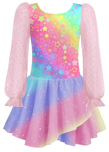 Arshiner Ballettkleidung Mädchen Langarm Ballettkleid Kinder Sterne Regenbogen Tanzkleid Ballettanzug Baumwolle Balletttrikot Tanztrikot mit Tütü 150/8-9 Jahre