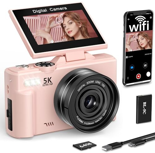 FLATIC 5K Digital Camera, 75MP Cameras for Photography with WiFi & 64GB TF Card, Autofoucs Vlogging Camera for YouTube with 180° Flip Screen, Compact Vlog Travel Camera Kit for Beginner, Teens