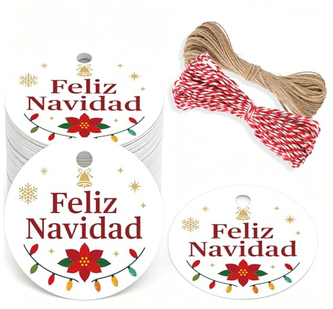 G2PLUS 100PCS Etiquetas Feliz Navidad: Etiquetas Regalo Navidad 5,5 cm– Diseño Exclusivo en Español con 20m de Cuerda para Regalos, DIY y Decoración Navideña