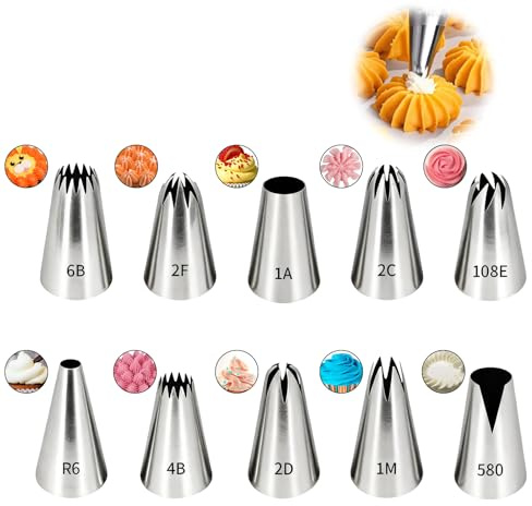 10 douilles à pâtisserie professionnelles, grandes douilles réutilisables en acier inoxydable. Idéales pour décorer gâteaux, tartes, biscuits et cupcakes