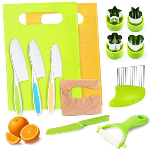 Set Coltelli da Cucina per Bambini 13 Pezzi – Coltello Bambini Montessori Antitaglio con Tagliere, Coltello in Legno e Formine – Utensili Cucina Sicuri per Tagliare Frutta e Verdura, Cucina Montessori