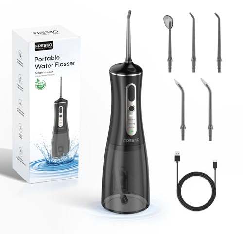 FRESKO Water Flosser Cordless for Teeth, 300ML Oral Irrigator with 4 Modes | 2600mAh Battery, IPX7 Waterproof, Tongue Cleaner & 4 Tips for Braces and Implants, Portable Teeth Cleaner for Tavel, Black