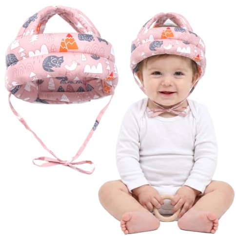 Huvudskydd för baby, babyhjälm i 6–36 månader, justerbar babyhjälm anti-kollision, mjukt babyhuvud skydd för att lära sig gå och krypa, andas och tvättbar, rosa skog