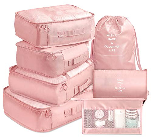 VAGREEZ Packing Cubes - Juego de 7 organizadores de equipaje de viaje con bolsa de aseo (rosa)
