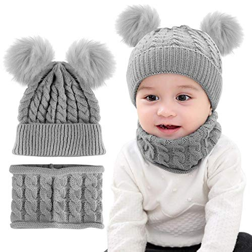 CheChury Conjunto de Bufanda y Gorro de Punto Unisex Niños Niñas Invierno cálido Punto Beanie Gorros con Pompon Bufanda de Punto Cuello Redondo Bebé,Gris,Talla única