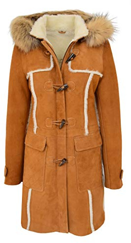 A1 FASHION GOODS Evie Manteau en peau de mouton véritable 3/4 à capuche pour femme Cognac, cognac, 42